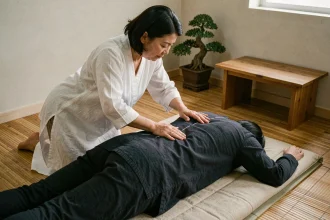 Praticienne de shiatsu appliquant une pression digitale sur le dos d'une cliente allongée pour favoriser l'équilibre métabolique et limiter le stockage des graisses
