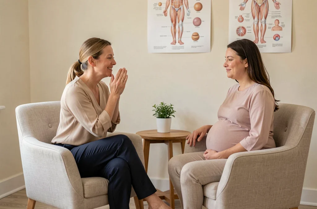 Sophrologue accompagnant une femme enceinte lors d'une séance de préparation à l'accouchement en cabinet