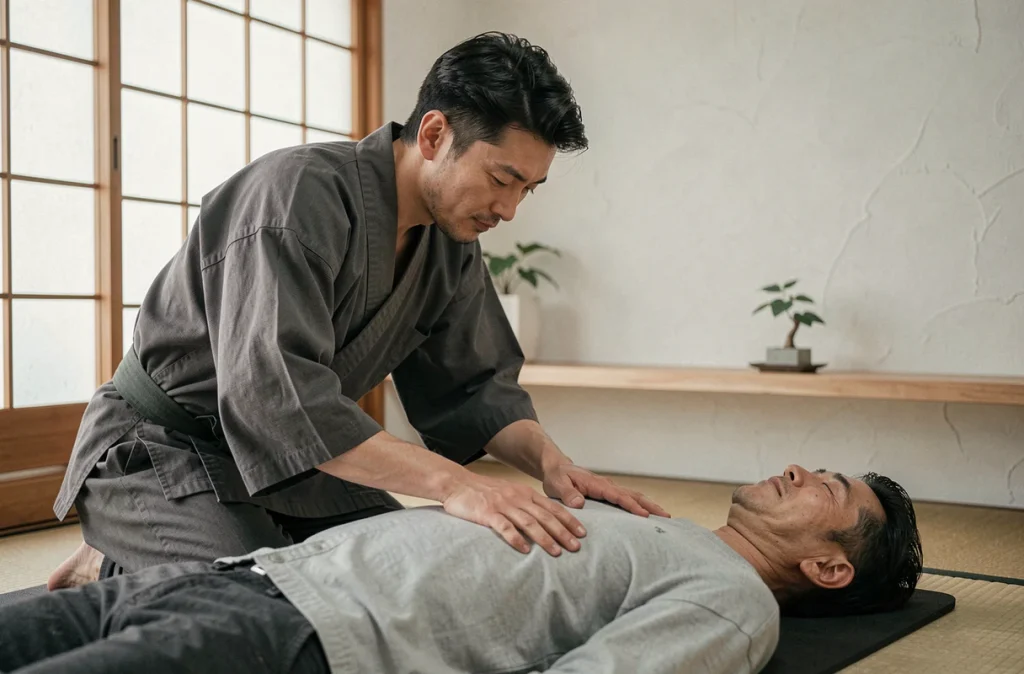 Thérapeute shiatsu pratiquant la technique hara sur l'abdomen d'un client pour stimuler la digestion et réduire l'accumulation de graisses corporelles