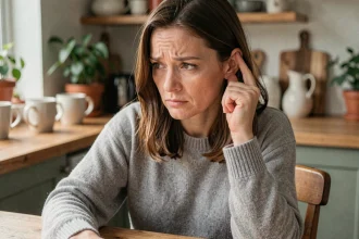 Femme tenant son oreille gauche avec une expression perplexe, illustrant le phénomène de sifflement dans l'oreille gauche