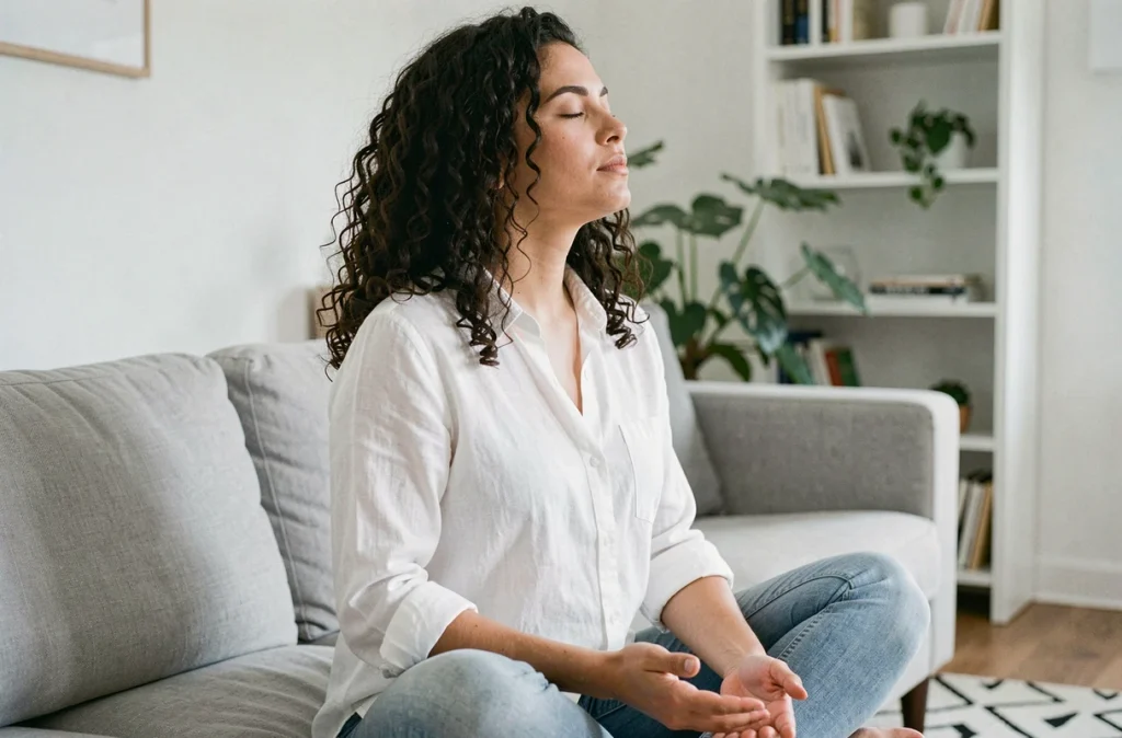 Jeune femme aux yeux fermés concentrée sur un sifflement dans l'oreille gauche, assise dans un salon minimaliste