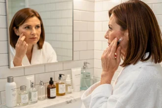 Femme d'une quarantaine d'années appliquant un sérum sur son visage devant un miroir de salle de bain dans le cadre d'une routine de soin cutané lors des changements hormonaux