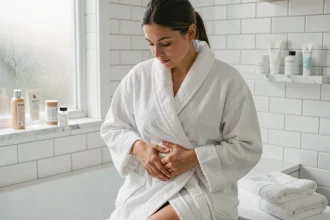 Femme appliquant une compresse chaude sur le bas-ventre pour soulager un poil incarné pubien dans une salle de bain moderne