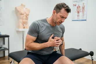 Homme sportif tenant ses côtes avec douleur dans un cabinet de kinésithérapie, illustrant les risques de faire du sport avec une côte déplacée