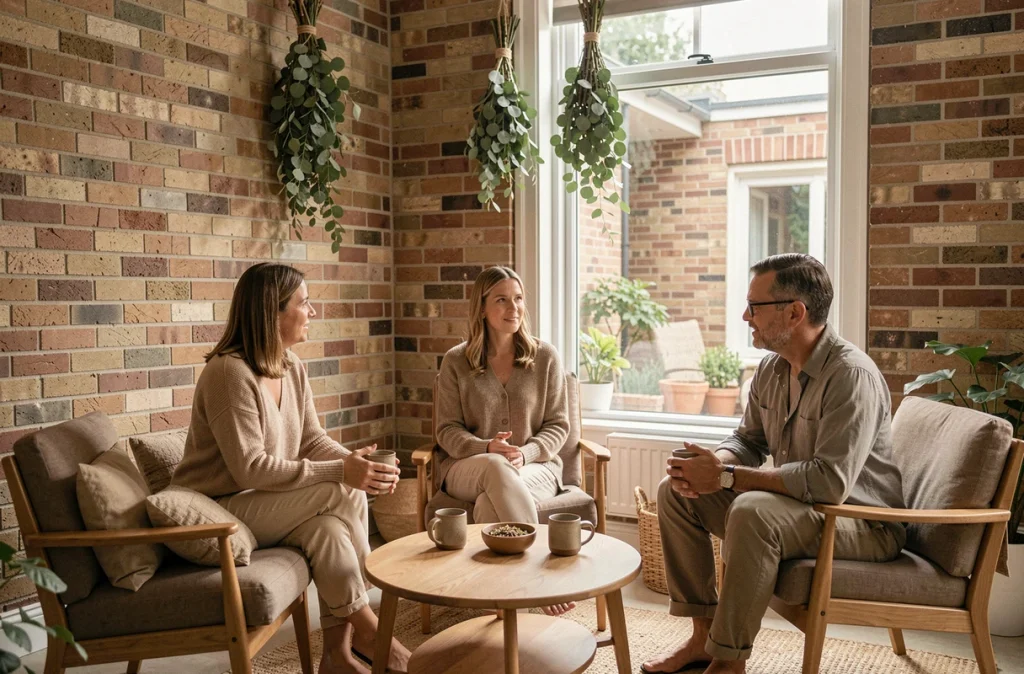 Groupe de praticiens en massage bien-être lors d'une séance de supervision collective dans un espace de travail collaboratif et bienveillant