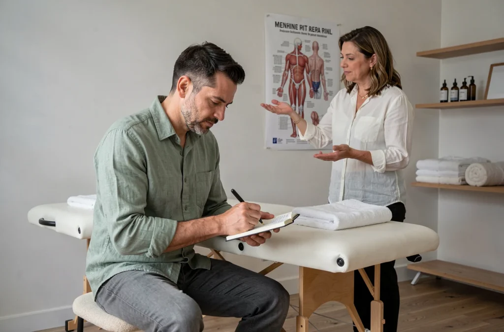 Praticien en massage prenant des notes lors d'une séance de supervision avec une collègue expérimentée dans une salle de soin professionnelle
