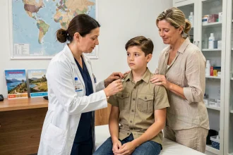 Infirmière vaccinant un enfant avant un safari en Tanzanie dans un cabinet médical