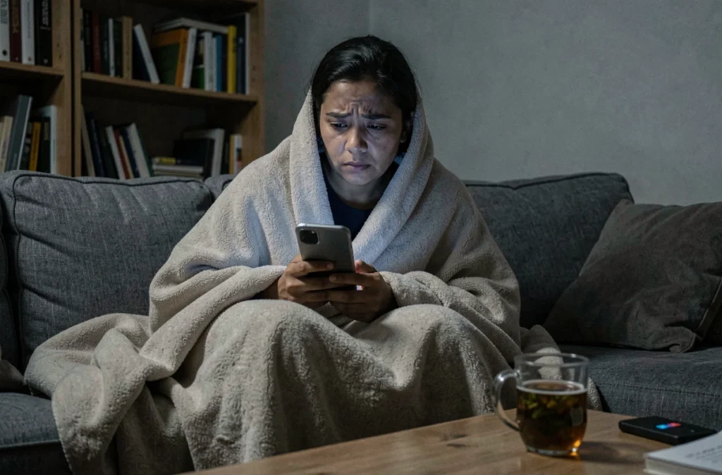 Personne assise sur un canapé la nuit enveloppée dans une couverture consultant son téléphone sur les vibrations ressenties dans le corps