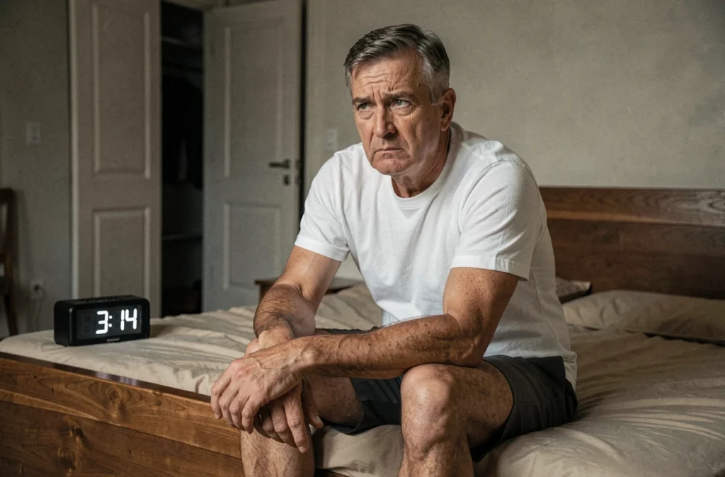 Homme assis au bord du lit en pleine nuit se frottant les bras, ressentant des vibrations inhabituelles dans son corps pendant le sommeil