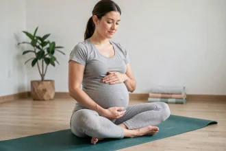 Femme enceinte pratiquant le yoga prénatal en position assise sur un tapis dans un studio calme
