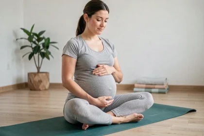 Femme enceinte pratiquant le yoga prénatal en position assise sur un tapis dans un studio calme