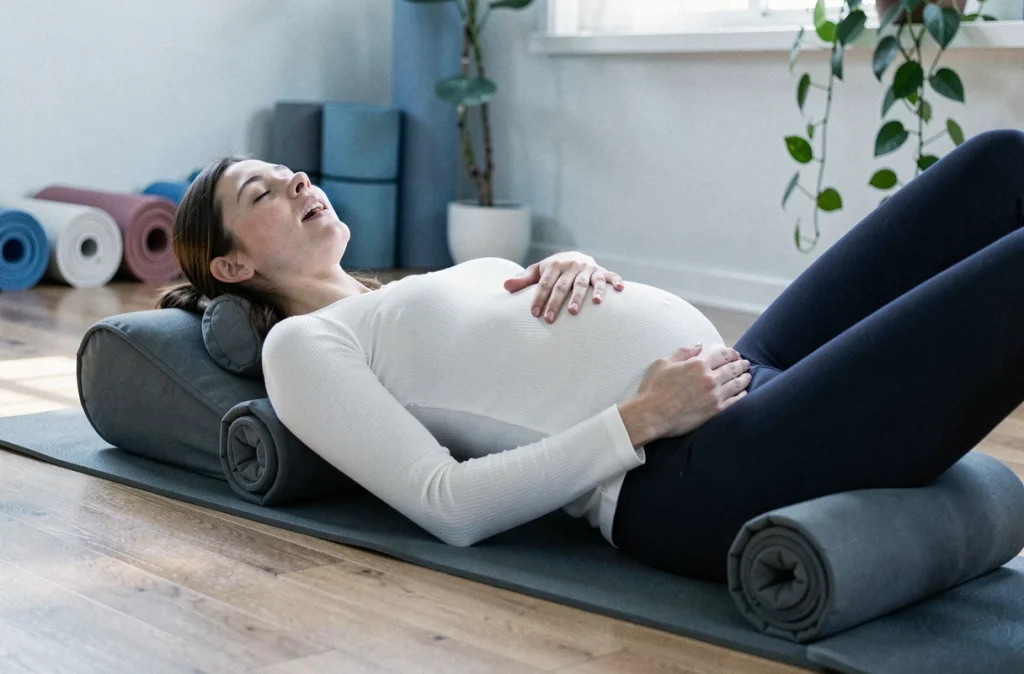Femme enceinte allongée sur un bolster en studio de yoga prénatal pratiquant des exercices de respiration consciente