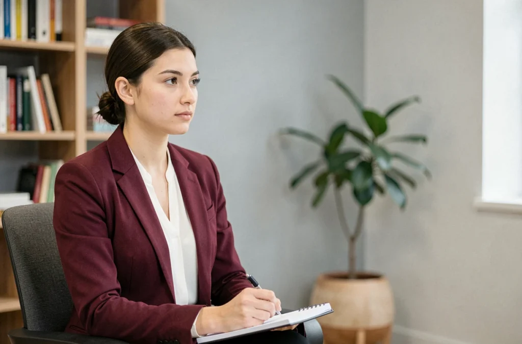 Jeune psychologue femme d'origine est-européenne dans son cabinet à Caen, tenant un carnet avec une expression concentrée