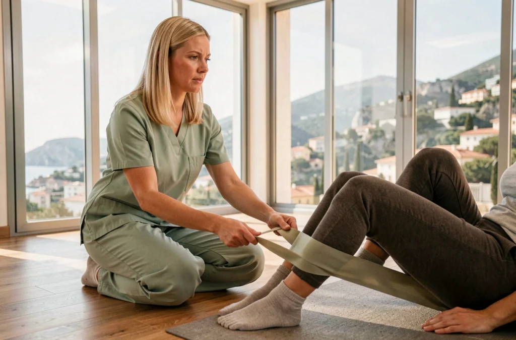 Annabelle Dietre, kinésithérapeute, accompagnant une patiente dans un exercice de rééducation post-opératoire avec bande élastique