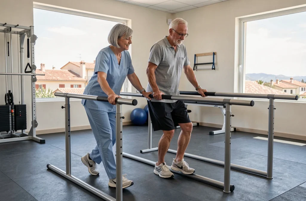 Baudouin Béatrice, kinésithérapeute, guidant un patient senior dans un exercice de rééducation à l'équilibre