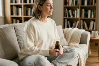 Femme sereine tenant un complément naturel contre l'anxiété et le burn-out dans un salon cosy