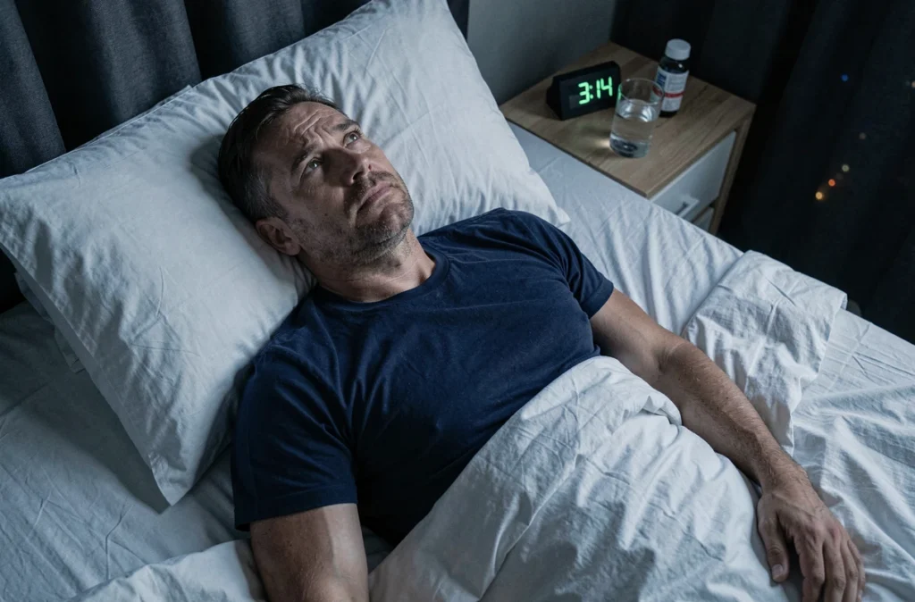 Homme souffrant d'insomnie allongé dans son lit la nuit avec un complément pour le sommeil sur la table de chevet