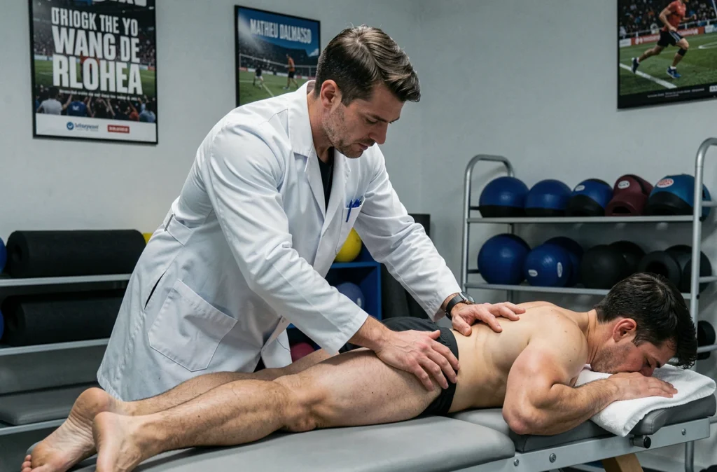 Mathieu Dalmasso, kinésithérapeute, effectuant un massage des ischio-jambiers sur un patient sportif dans un cabinet de kinésithérapie