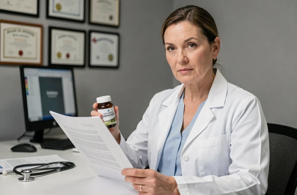 Médecin femme analysant un avis médical sur un complément naturel contre l'anxiété et le burn-out