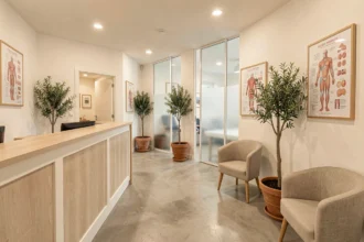 Salle d'attente moderne d'un cabinet de kinésithérapie dans les Alpes-Maritimes avec décor méditerranéen épuré