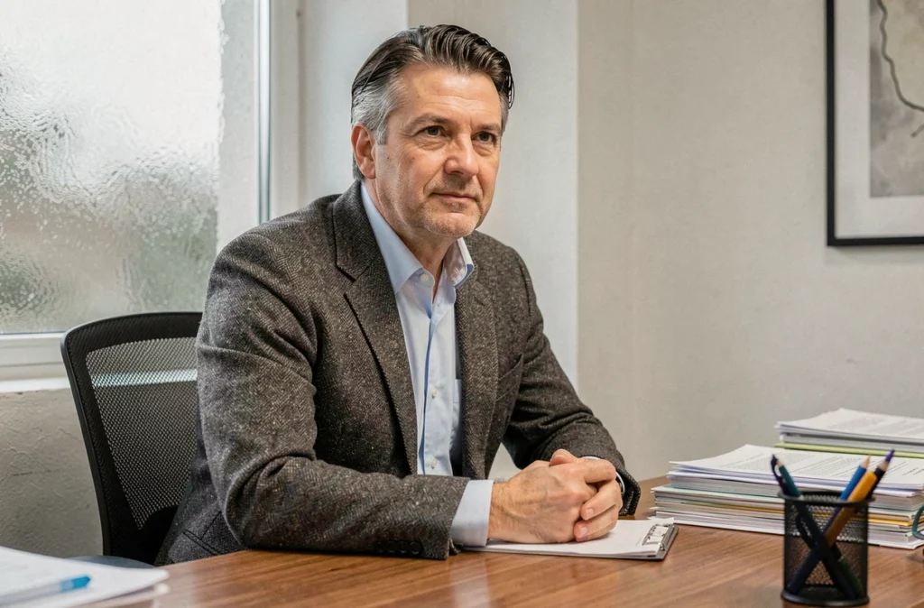 Psychologue homme en cabinet à Fleury-sur-Orne, assis à son bureau avec une expression professionnelle et bienveillante