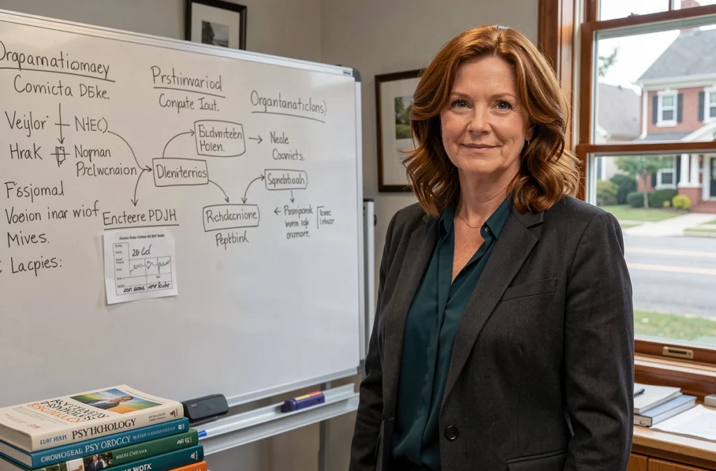Psychologue du travail femme devant un tableau blanc avec un organigramme dans un cabinet à Chanu, expression engagée
