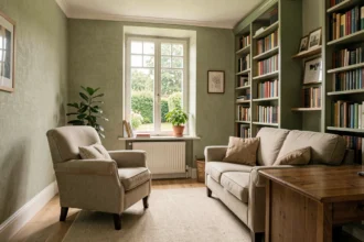 Salle de consultation d'un psychologue en Normandie, avec fauteuils confortables, bibliothèque et atmosphère apaisante