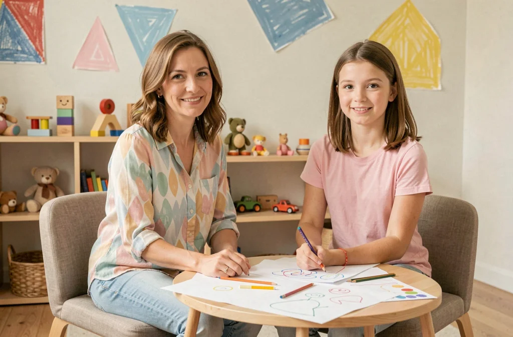 Psychologue spécialisée enfants et adolescents dans une salle de thérapie colorée dans le Calvados, avec dessins et jouets thérapeutiques