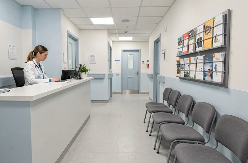 Accueil d'une unité psychiatrique hospitalière à Caen, avec bureau administratif, salle d'attente et brochures d'information