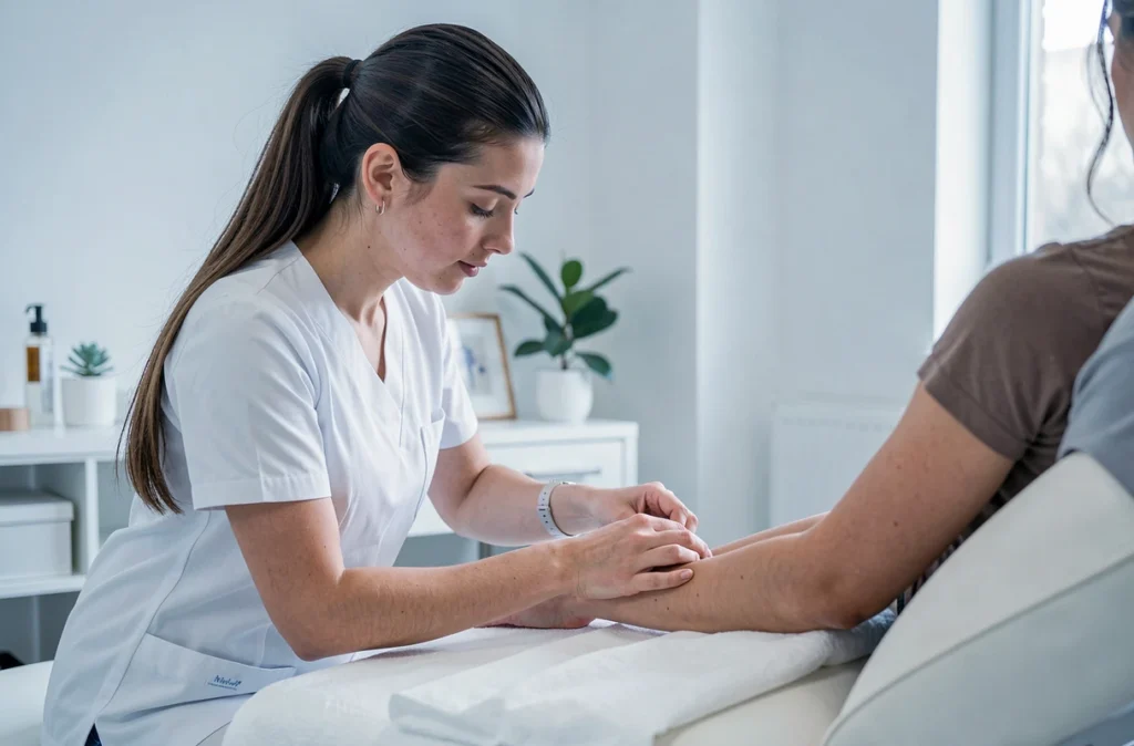 Valery Clémentine, kinésithérapeute, réalisant une technique de relâchement fascial sur l'avant-bras d'une patiente