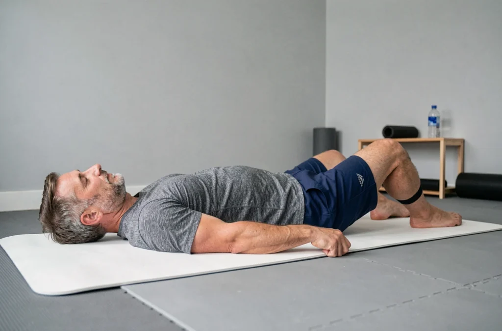 Homme réalisant un exercice de rééducation pour les pattes d'oie du genou avec une bande élastique sur un tapis de sport à la maison
