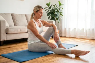 Femme pratiquant un exercice d'étirement du genou pour la rééducation des pattes d'oie sur un tapis de yoga à domicile